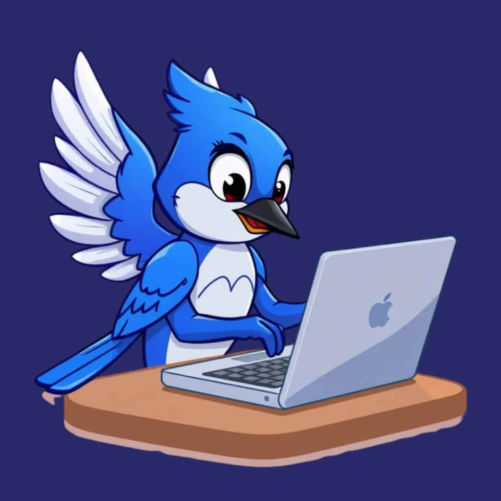Cartoon blue bird using a laptop, representing digital marketing tools.