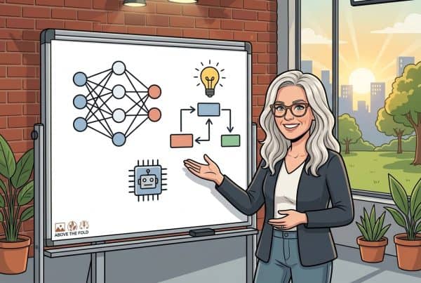 Businesswoman explaining neural network diagram on whiteboard in office.